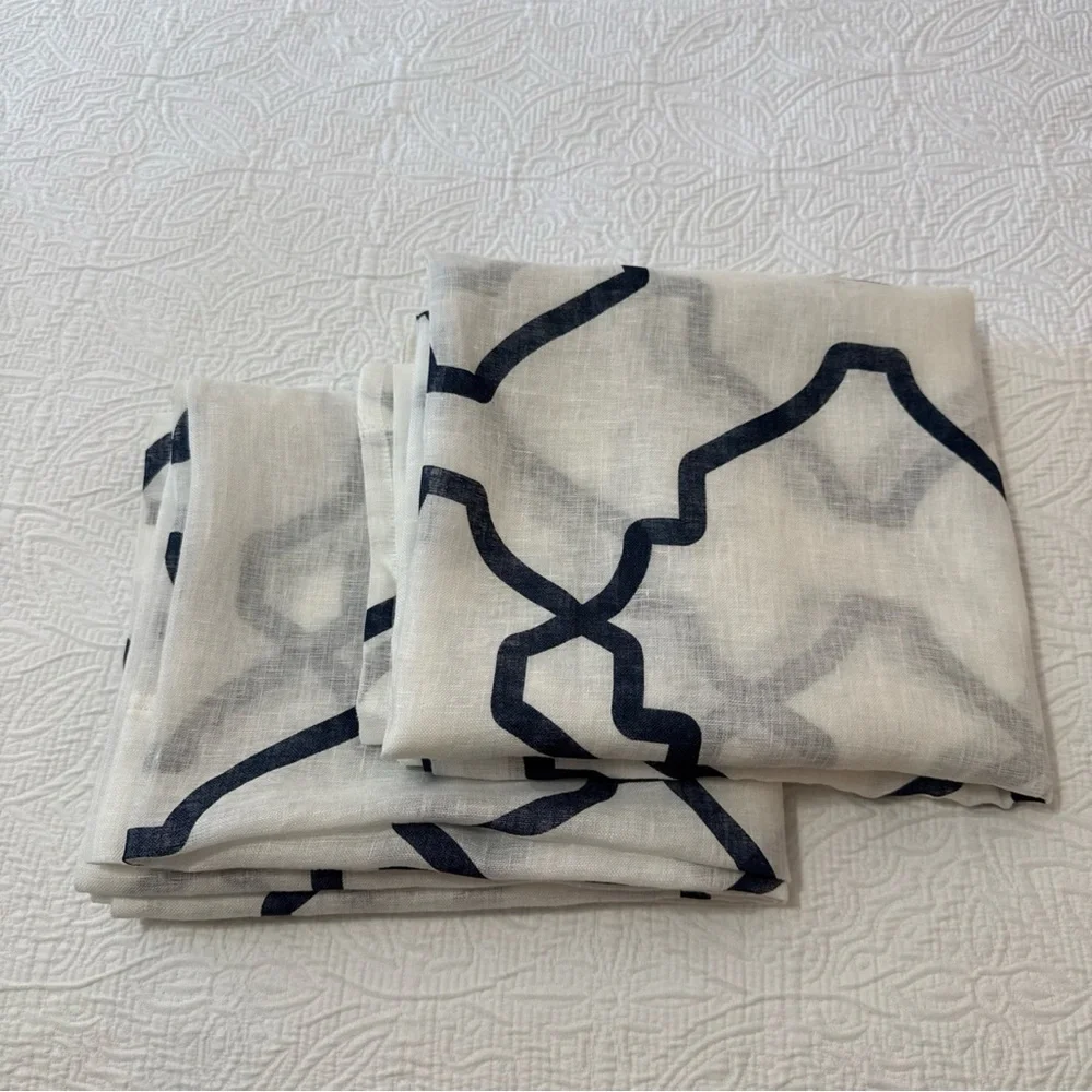 Set Of 2 Pottery Barn 50W x 84L Off-white/ Blue‎ 100% Linen Sheer Curtains